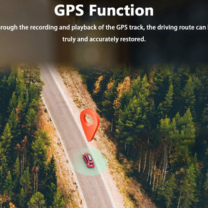 Road surrounded by trees with a red GPS marker and text about GPS function.