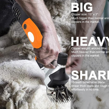 Shearing tool being used on a sheep with text highlighting features like size, weight, and blade sharpness.