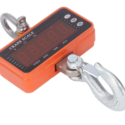 Orange crane scale with digital display on a white background