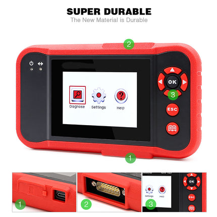 Red diagnostic tool with screen and buttons on a white background, labeled 'Super Durable'.