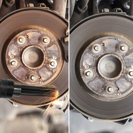 Close-up of a brake disc with a sparkler and a comparison of two brake discs.