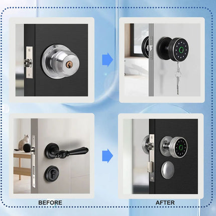 Before and after comparison of door handles and locks on a blue background