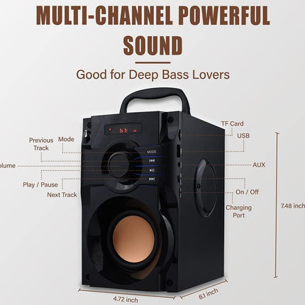 Black speaker with control buttons and dimensions on a gray background