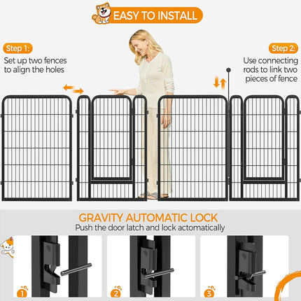 Installation guide graphic for a black metal gate fence set, showing a woman standing beside assembled panels with text steps for alignment and connecting rods, plus a section demonstrating the automatic latch.