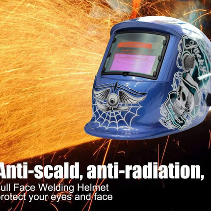 Welding helmet with decorative design on a background of sparks, featuring text about its protective features.