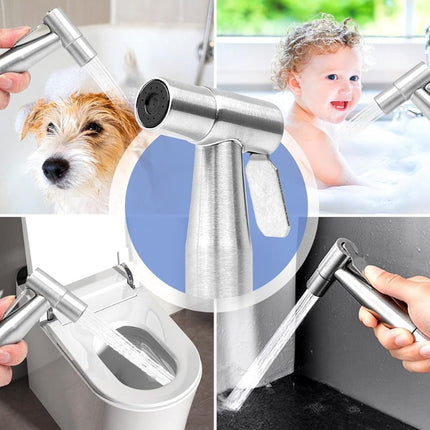 Multifunctional handheld shower head used on a dog, baby, and toilet.