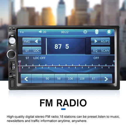 Car stereo with FM radio interface against a cityscape background