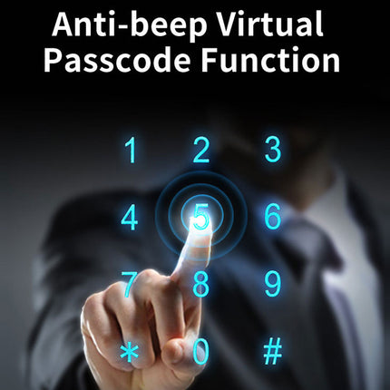 Hand interacting with digital number pad labeled 'Anti-beep Virtual Passcode Function' on a dark background