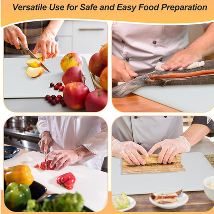 Collage of people preparing food with cutting boards and kitchen tools, emphasizing safe and easy food preparation.