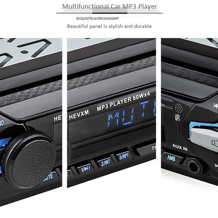 Multifunctional car MP3 player with detailed view of buttons and display on a white background.