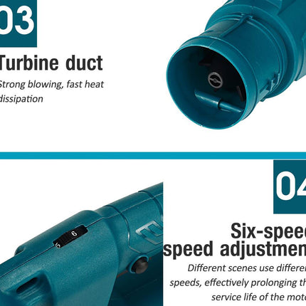 Teal turbine duct and six-speed adjustment feature with text on a white background