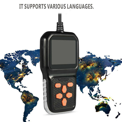 Black handheld device with orange buttons on a world map background, supporting various languages.