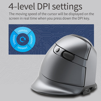 Silver ergonomic mouse with DPI settings displayed on a screen