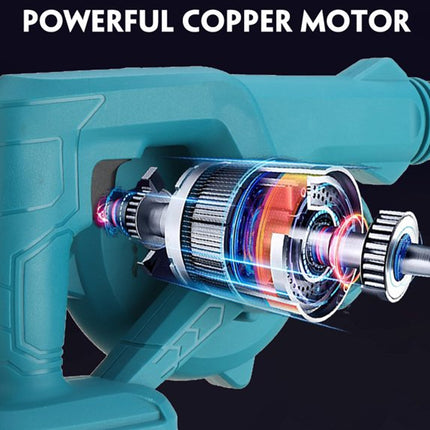 A teal cordless power tool shown on a dark background with the text 'POWERFUL COPPER MOTOR' at the top. The center of the tool is transparent and filled with a glowing cross-section illustration of internal motor components in blue, orange, red, and silver.