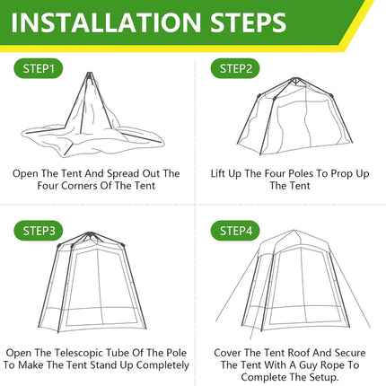 Step-by-step installation guide for setting up a tent with illustrations and text.
