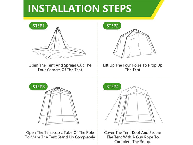Step-by-step installation guide for setting up a tent with illustrations and text.