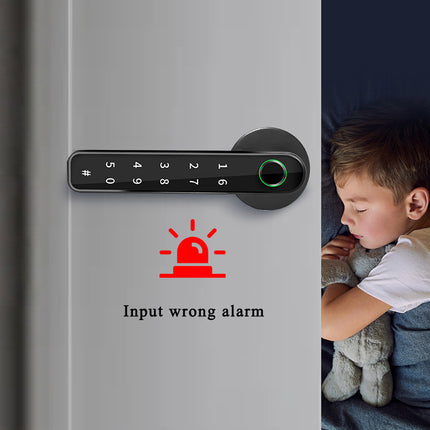 Digital door lock with 'Input wrong alarm' message and a child sleeping next to it.