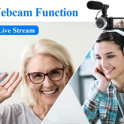 Two people using a webcam for live stream communication, with one person wearing headphones.