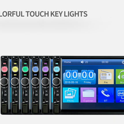 Car multimedia system with colorful touch key lights and a display interface.