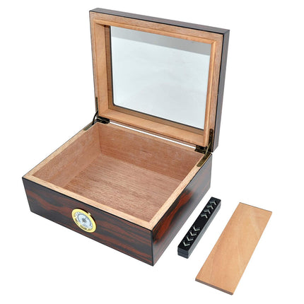 Walnut Wood Cigar Humidor Box for 35 Cigars | Hygrometer Humidifier Glass Top Storage Case