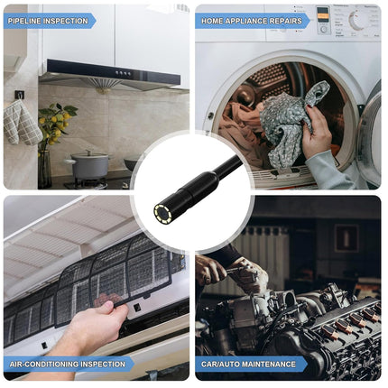 A collage showing a black cylindrical inspection camera tool in the center, surrounded by four lifestyle application photos: kitchen pipe inspection, home appliance repair, air conditioning inspection, and car/auto maintenance. Blue labels identify each use case.
