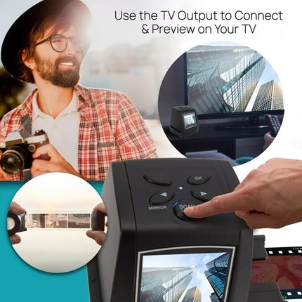 Person using a device with TV output feature, showing camera, screen, and outdoor scene.