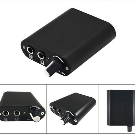 A black rectangular electronic device with rounded corners, shown from multiple angles on a white background. The top view shows three circular audio-style jacks and a small white rotary switch.