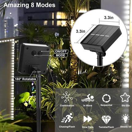 Solar light with control panel and mode indicators in an outdoor setting