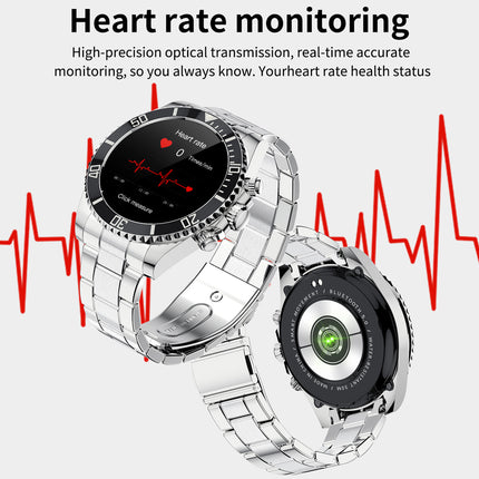 Two silver smartwatches with metal link bands shown on a light gray background, with red ECG line graphics and text reading 'Heart rate monitoring.' No person, animal, or real environment is present, so this is Product/Packaging rather than Lifestyle.