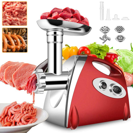Red manual meat grinder with attachments on a white background