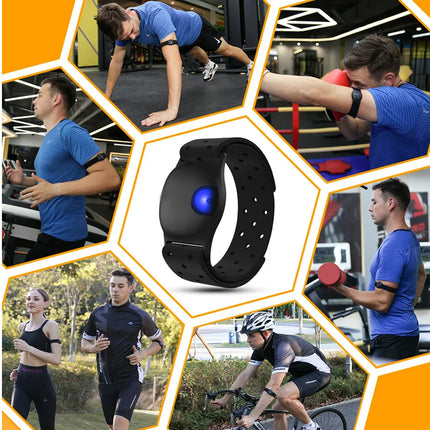 Hexagonal collage of a person exercising with a central black smartwatch, surrounded by various fitness activities.