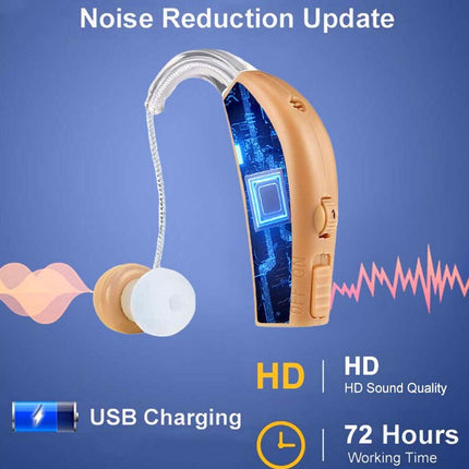 Hearing aid with noise reduction update features on a blue background