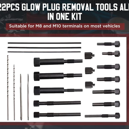 A 22-piece glow plug removal tool kit arranged on a white background inside a red-bordered panel, with large text at the top reading '22PCS GLOW PLUG REMOVAL TOOLS ALL IN ONE KIT' and a red banner noting suitability for M8 and M10 terminals on most vehicles.