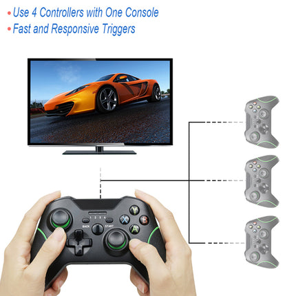 A person's hands holding a black wireless game controller connected to a TV screen showing an orange sports car, with three additional gray wireless controllers shown to the right on a white background. Blue text at the top reads 'Use 4 Controllers with One Console' and 'Fast and Responsive Triggers'.