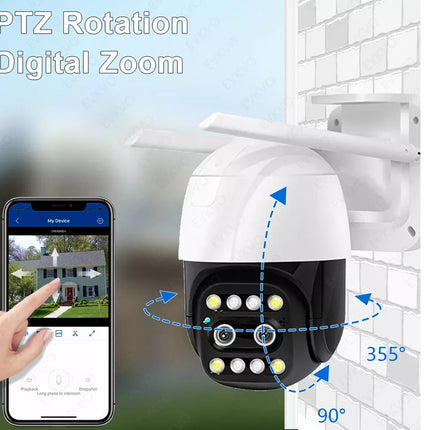 Outdoor security camera with PTZ rotation and digital zoom features, displayed on a wall.