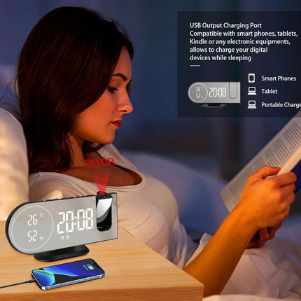 6 in 1 Digital Alarm Clock with 180° Projector FM Radio USB Charger Temperature Humidity Monitor Dual Alarm 7 Inch LED Display