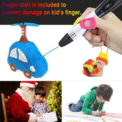 A 3D printing pen held by a hand, shown alongside a blue fuzzy car craft and a small colorful keychain charm. Text at the top says the finger stall is included to prevent damage on a kid's finger.