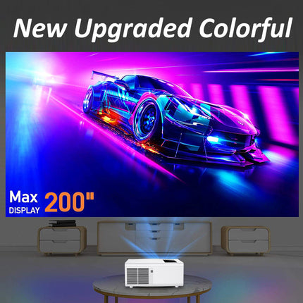 Projector displaying a colorful car image with 'New Upgraded Colorful' text and 'Max 200" Display' on a screen.