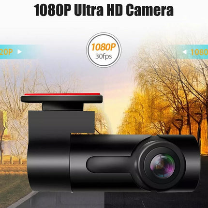 A black dash cam with a red accent on the bracket, shown against a blurred background of a park at sunset. The image features text overlays reading '1080P Ultra HD Camera' and '1080P 30fps'.