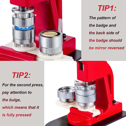 Red badge making machine with tips on badge design and use