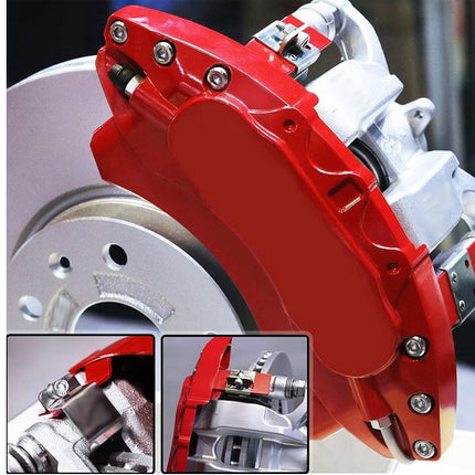 Close-up of a red brake caliper and silver brake disc with additional inset images.