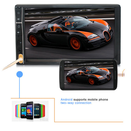 A car stereo head unit with a large touchscreen display and a smaller inset showing a phone connected for two-way audio. The screen displays a black and orange sports car.