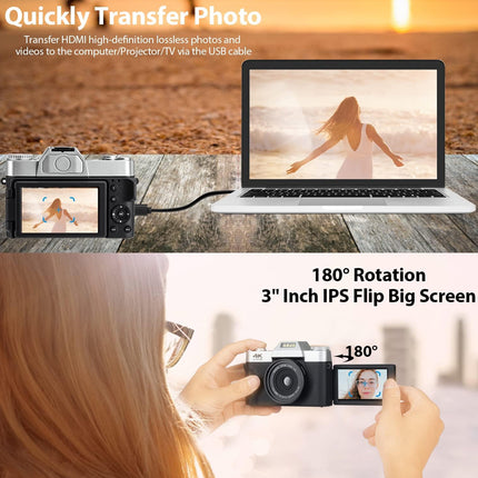 Camera connected to a laptop with text about photo transfer and screen features.