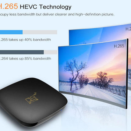 Black electronic device with H.265 HEVC Technology graphic on a white background