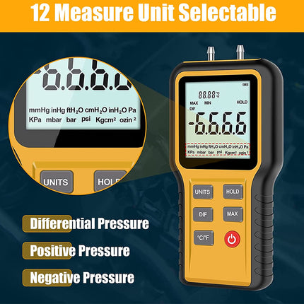 Yellow and black digital handheld pressure gauge with a large display screen, featuring a circular inset showing the screen details and text highlighting its differential pressure measurement capabilities.