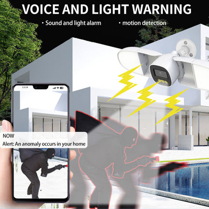 Security camera system with smartphone app showing alert, house exterior, pool, and trees.
