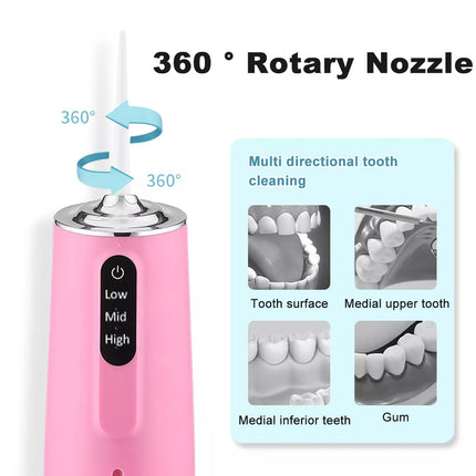 Pink dental cleaning device with 360-degree rotary nozzle and images of teeth cleaning on a white background.