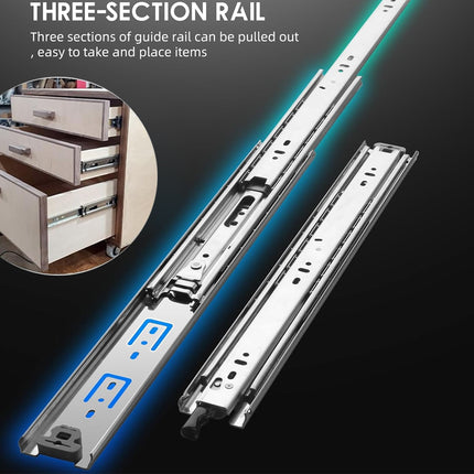 Three-section guide rail system with a close-up of drawers being pulled out.