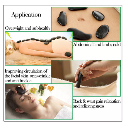 Collage of people receiving hot stone massage with text describing benefits.