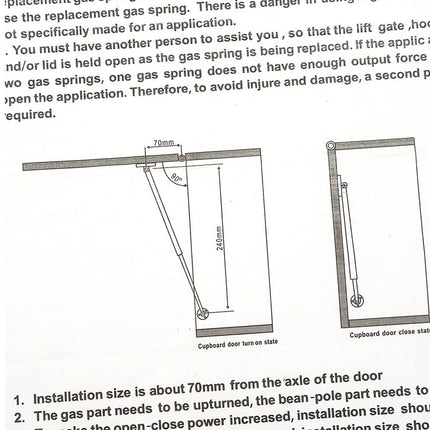 Technical diagram and text about gas spring installation with measurements and states.